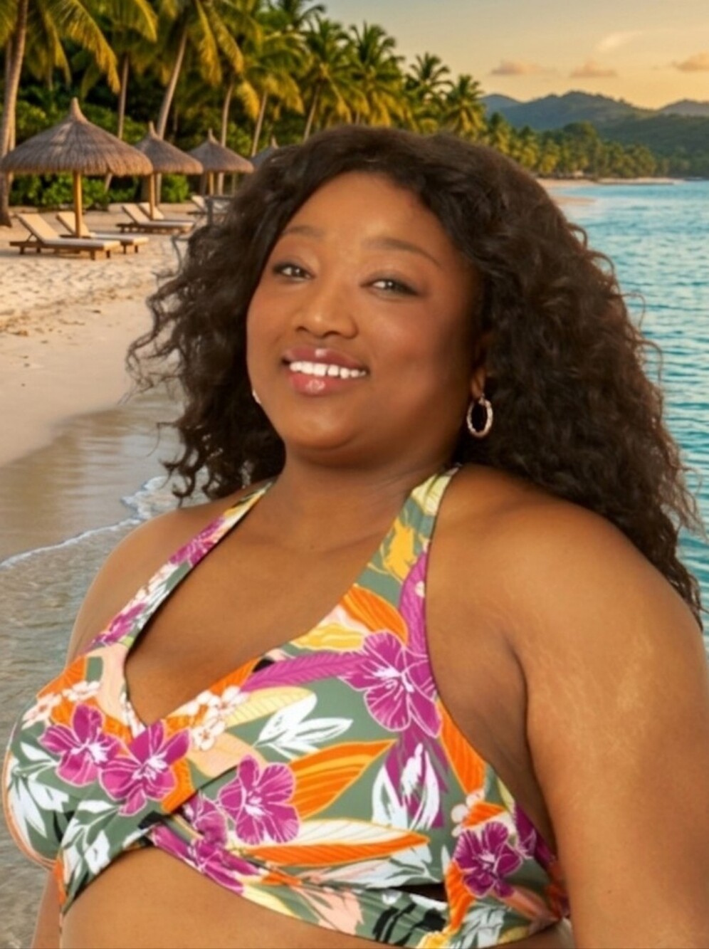 Time and Tru's Crossover Tropical Bikini Top and Solid bottom set